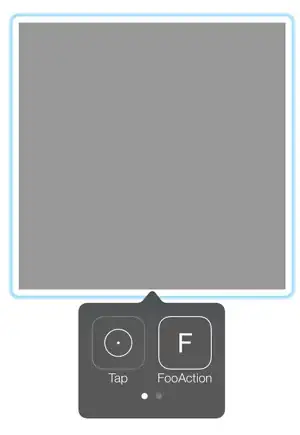 An empty, grey view highlighted by the blue cursor of Switch Control. A menu is visible with the options "Tap" and "FooAction"